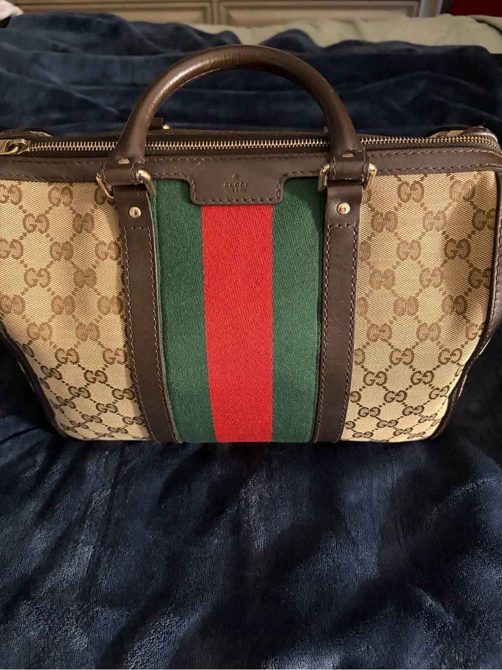 Gucci Beige GG Boston bag with Green and Red Web